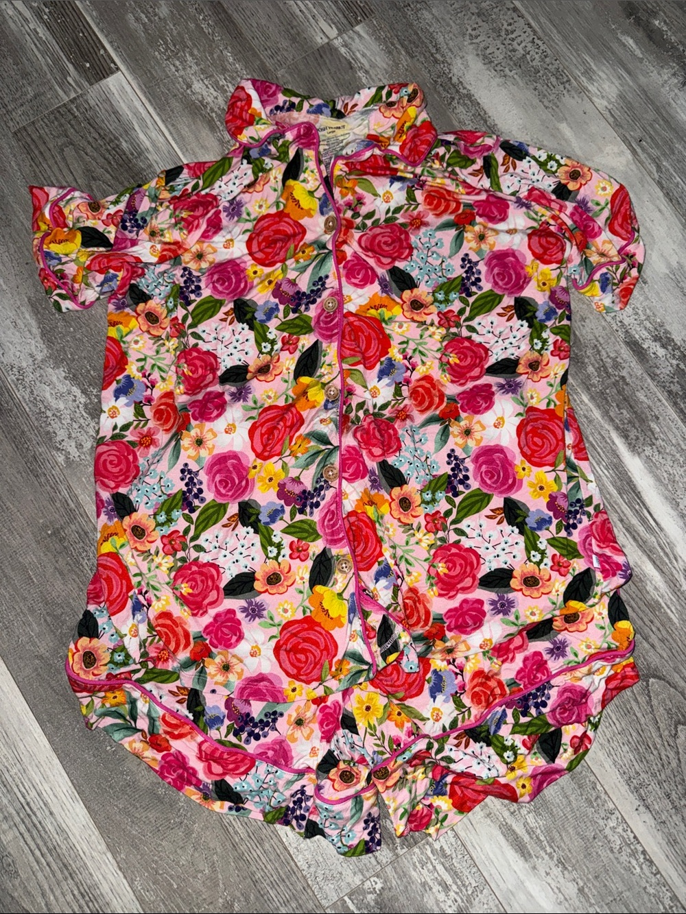 Posh Peanut Pink Multi Floral Ruffle-Trim Button Pajama Set